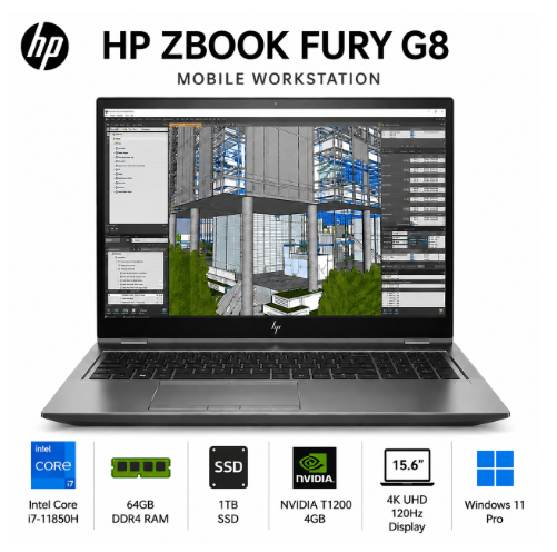HP ZBook Fury G8 Mobile Workstation Intel i7-11850H / 64GB RAM / 1TB SSD / NVIDIA T1200 4GB / 15.6" 4K UHD 120Hz 600nits/ Win 11 Pro / 2-Year HP Warranty