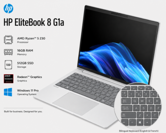 HP EliteBook 8 G1a 14" WUXGA Business Laptop - AMD Ryzen 5 230 - 16GB DDR5 - 512GB SSD - Radeon Graphics - Windows 11 Pro - Silver - Bilingual